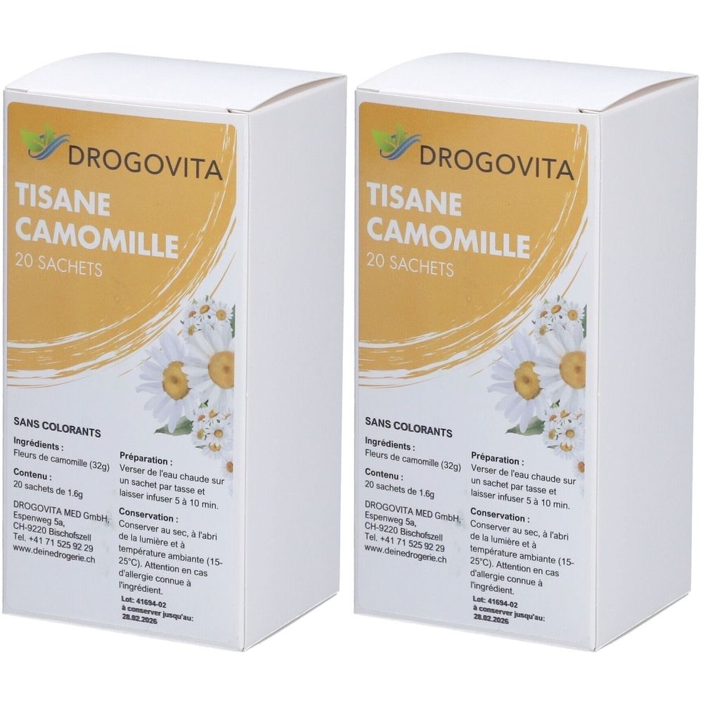 Zwei weiße Kartons mit gelben Etiketten. Aufschrift: DROGOVITA, TISANE CAMOMILLE, 20 SACHETS. Kamillenblüten-Illustration.