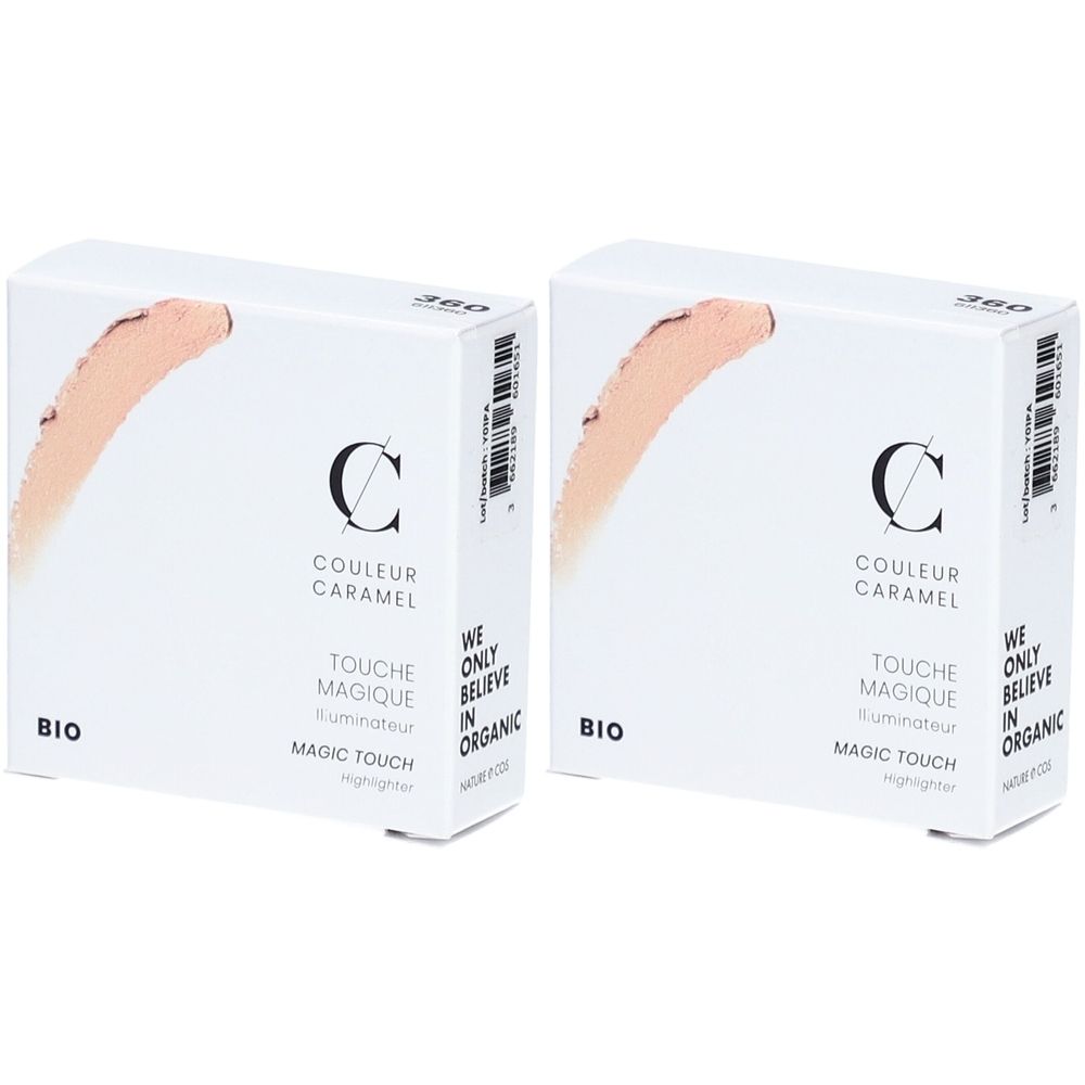 Deux boîtes blanches avec impression. Inscription: COULEUR CARAMEL, TOUCHE MAGIQUE, MAGIC TOUCH. Échantillon de couleur imprimé. Label BIO.
