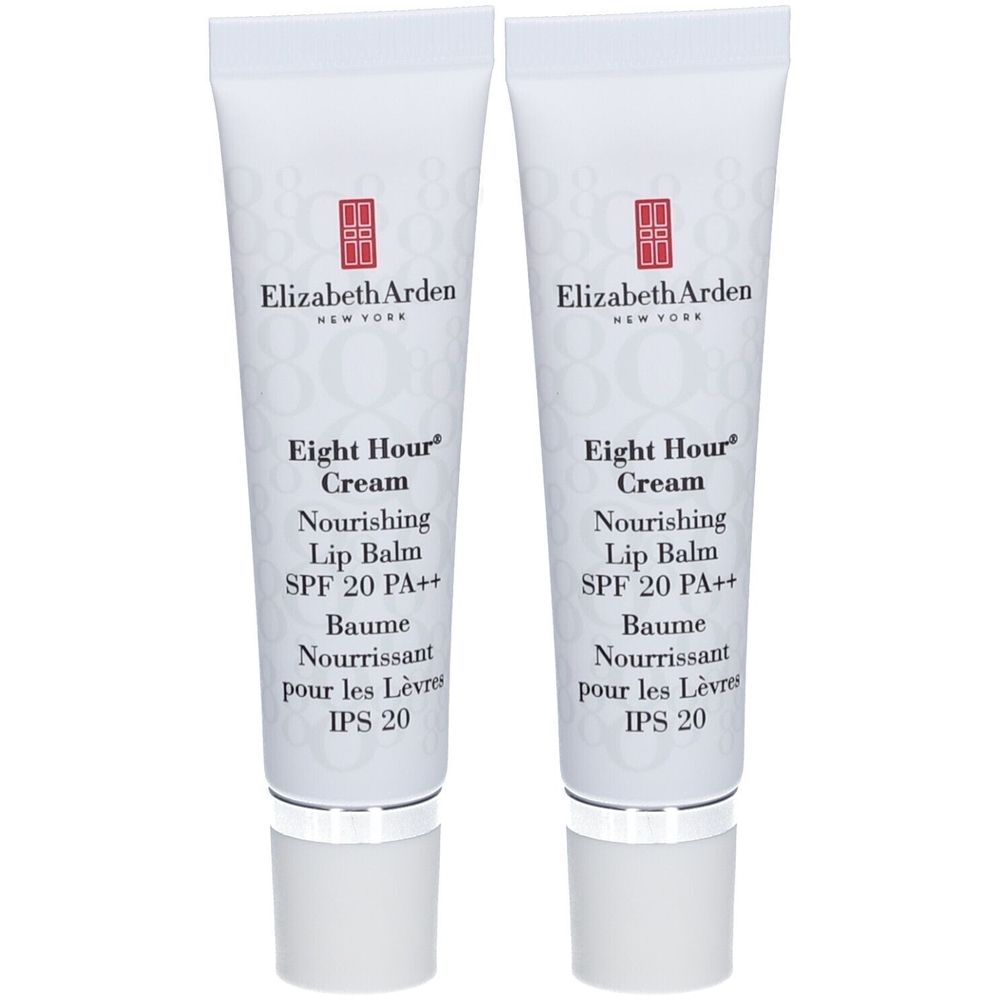 Deux tubes de Baume pour les lèvres Elizabeth Arden Eight Hour Cream. Tubes blancs avec logo rouge et informations produit. SPF 20 PA++.