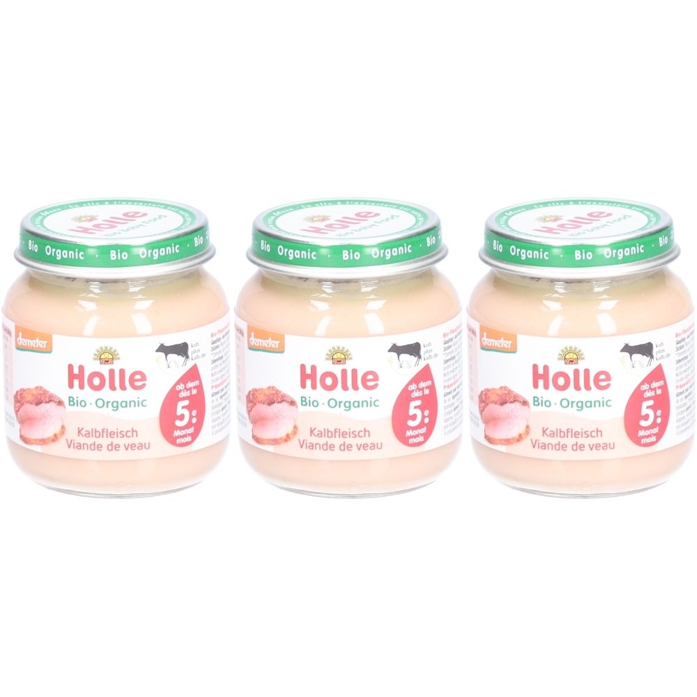 Drei Gläser Babynahrung. Aufschrift: Holle Bio-Organic Kalbfleisch. Grüner Deckel, rotes Etikett mit Kuh-Symbol und Zahl 5.