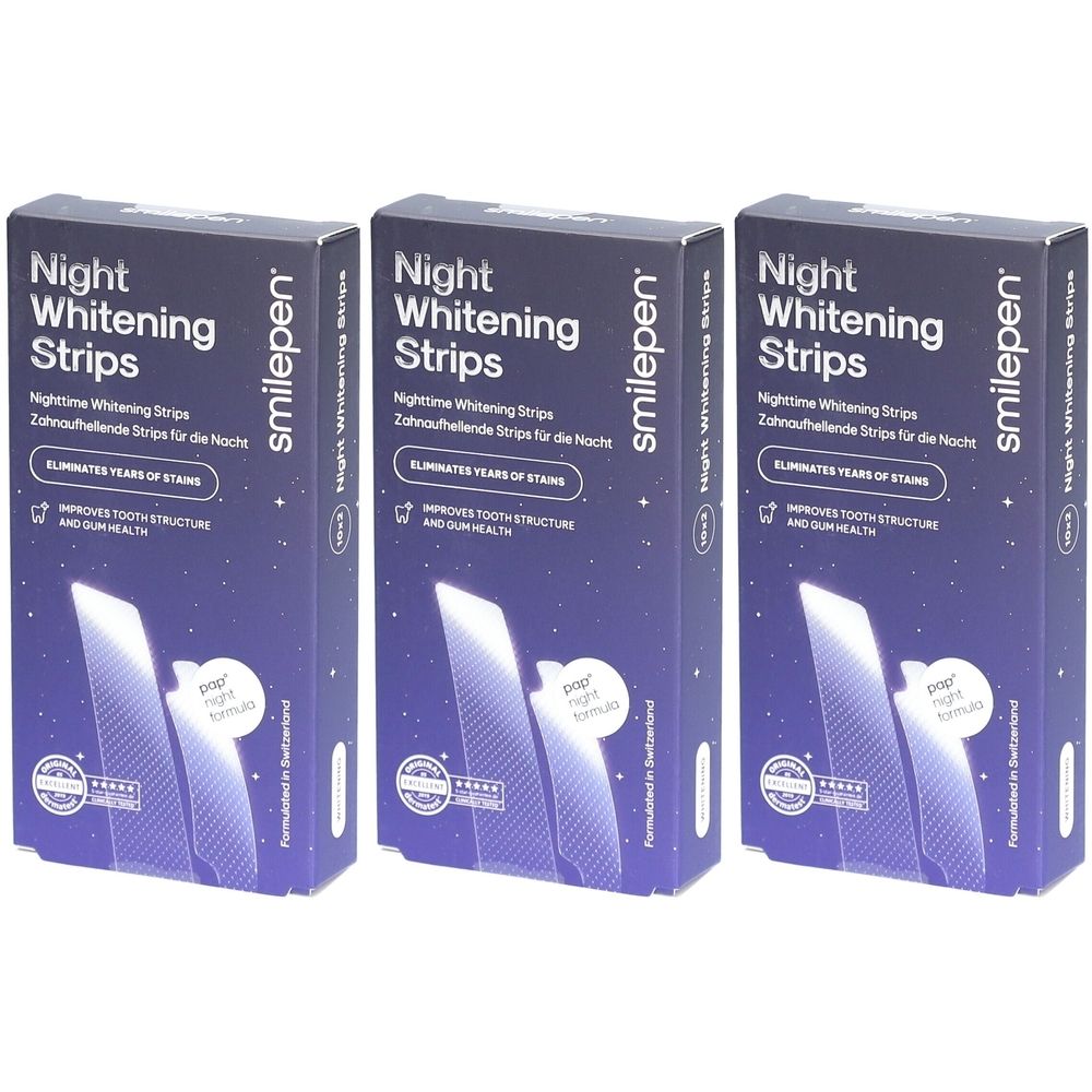 Drei Schachteln Smilepen Night Whitening Strips. Aufdruck: Night Whitening Strips, eliminiert Verfärbungen, verbessert Zahnstruktur.