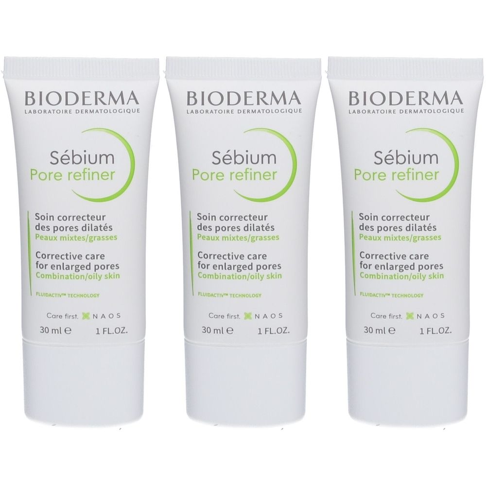 Trois tubes de BIODERMA Sébium Pore Refiner. Tubes blancs avec texte et logo verts. Soin correcteur des pores dilatés.