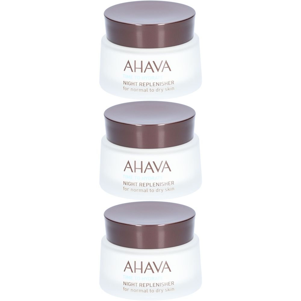 Drei Cremetiegel mit braunen Deckeln. Aufschrift AHAVA, Night Replenisher für normale bis trockene Haut.