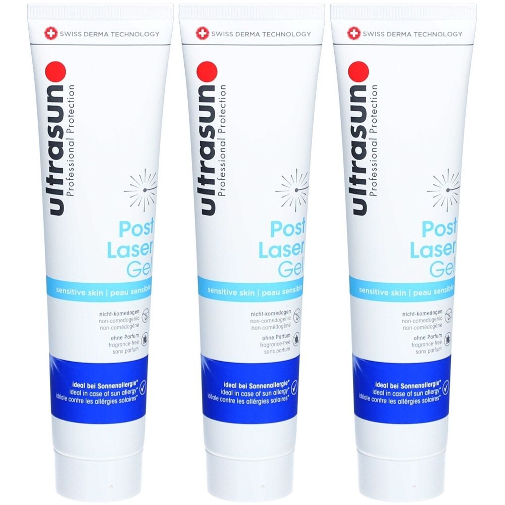 Trois tubes de gel "ultrasun Post Laser". Texte en blanc et bleu sur fond blanc.