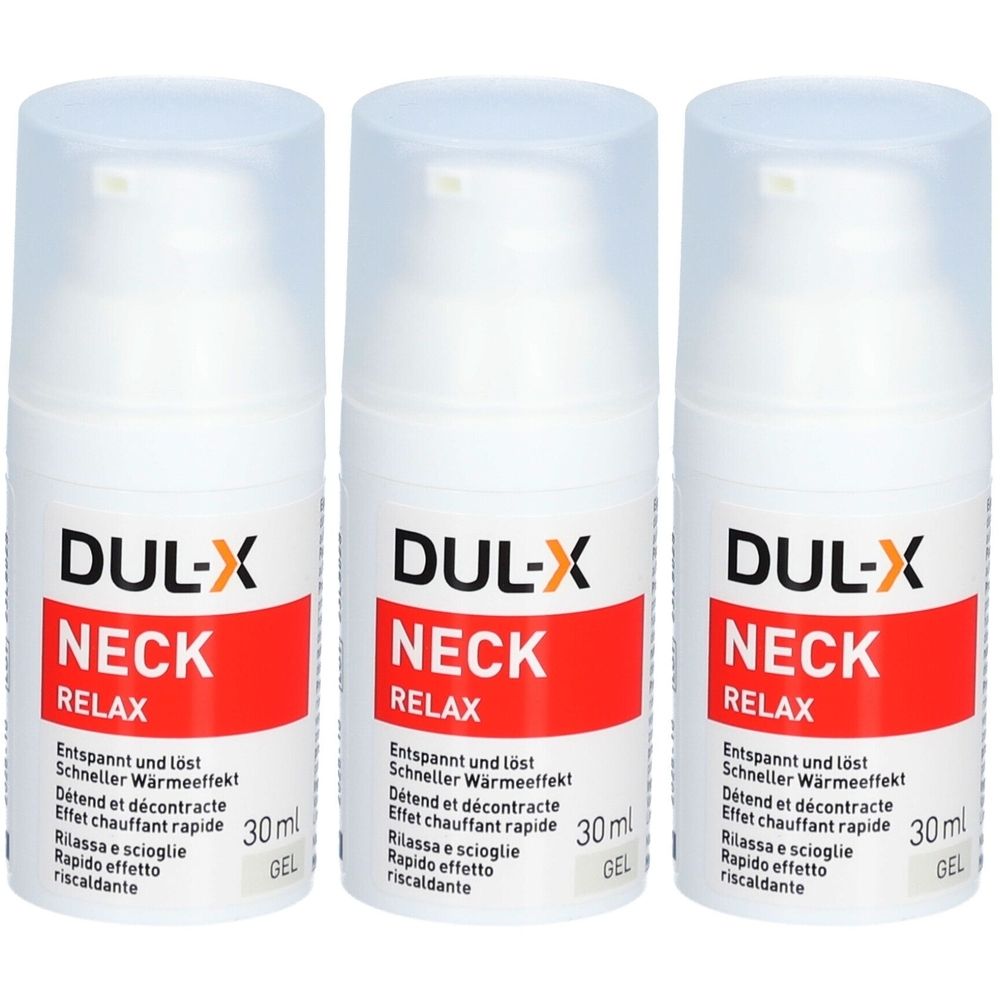 Trois flacons blancs avec bouchon pompe. Chaque flacon porte l'inscription "DUL-X NECK RELAX" et d'autres informations.