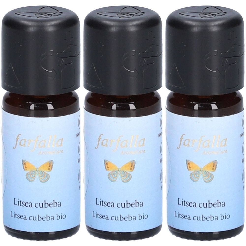 Trois petites bouteilles marron avec des bouchons noirs. Les étiquettes indiquent "farfalla" et "Litsea cubeba bio".