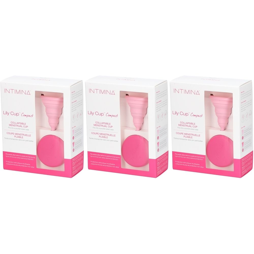 Trois boîtes de coupes menstruelles roses. Chaque boîte présente une coupe pliable et un disque rond. Le nom de la marque est Intimina.