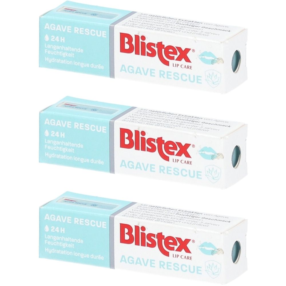 Drei Packungen Blistex Agave Rescue. Weiße Schachteln mit blauem und rotem Schriftzug. Aufschrift: Agave Rescue, 24H, Lippenpflege.