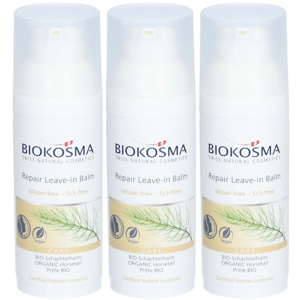 Trois flacons distributeurs blancs avec bouchons. Inscription: BIOKOSMA, Repair Leave-in Balm, vegan, Bio-Schachtelhalm.