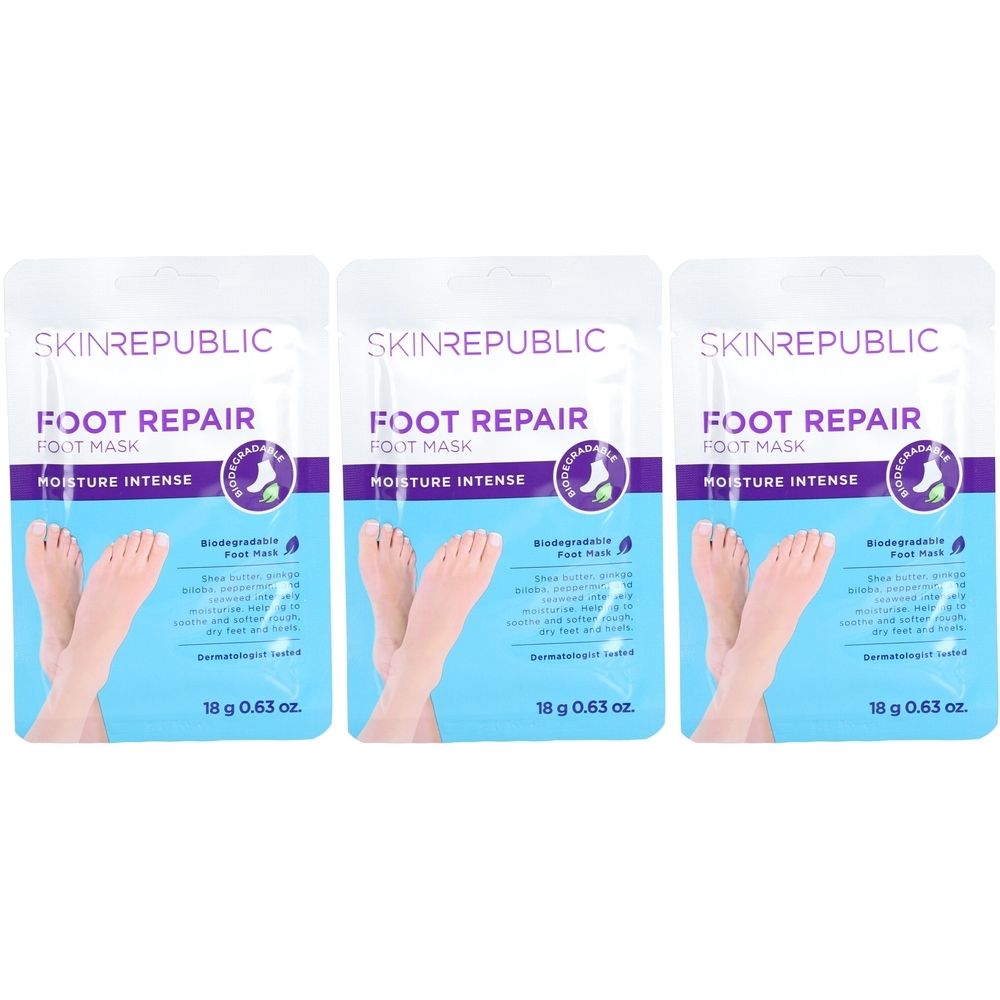 Drei Fußmasken-Verpackungen. Aufschrift: SKIN REPUBLIC, FOOT REPAIR, FOOT MASK, MOISTURE INTENSE. Abbildung von Füßen. 18 g 0.63 oz.