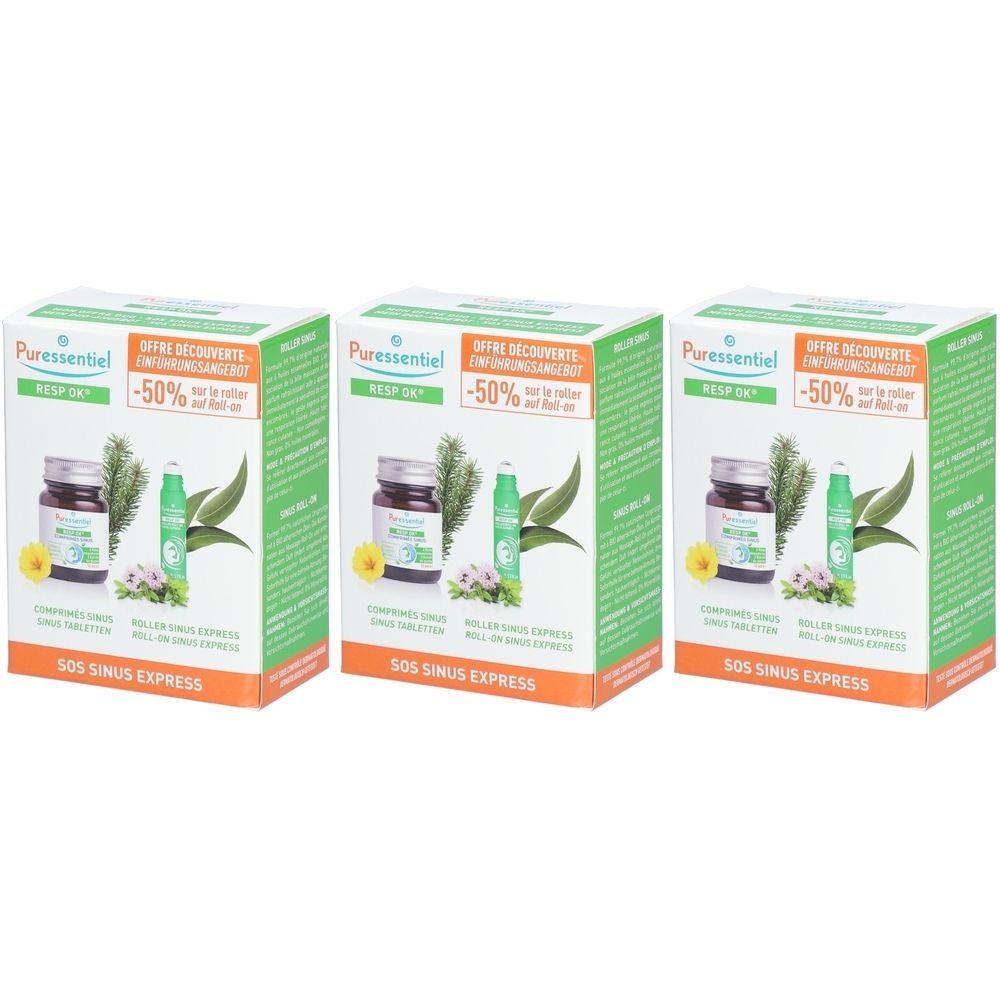 Trois boîtes vertes avec des produits. Chaque boîte présente une bouteille, un roll-on et un pot. Le texte indique : SOS SINUS EXPRESS.