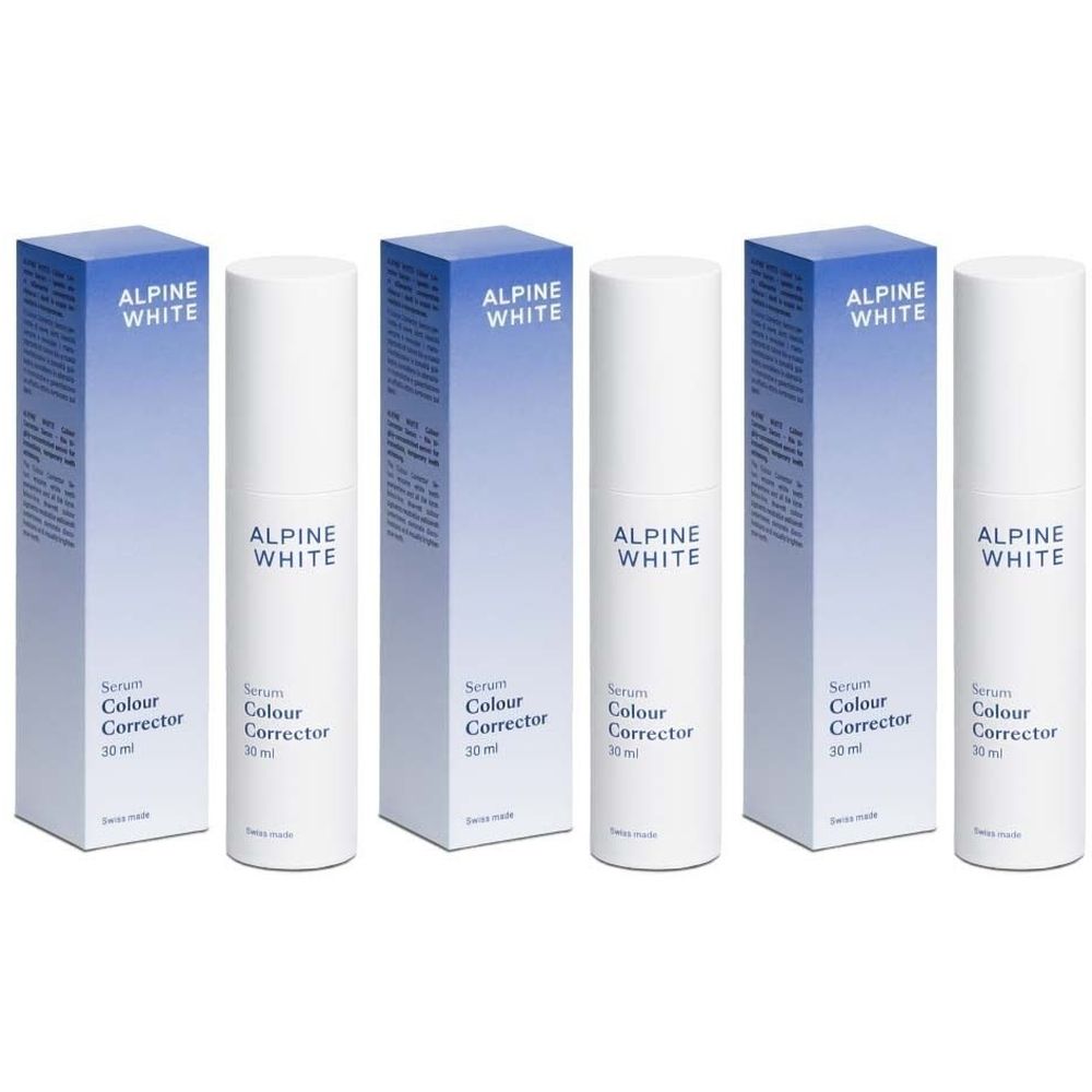 Drei Flaschen und Verpackungen. Aufschrift: ALPINE WHITE, Serum Colour Corrector.