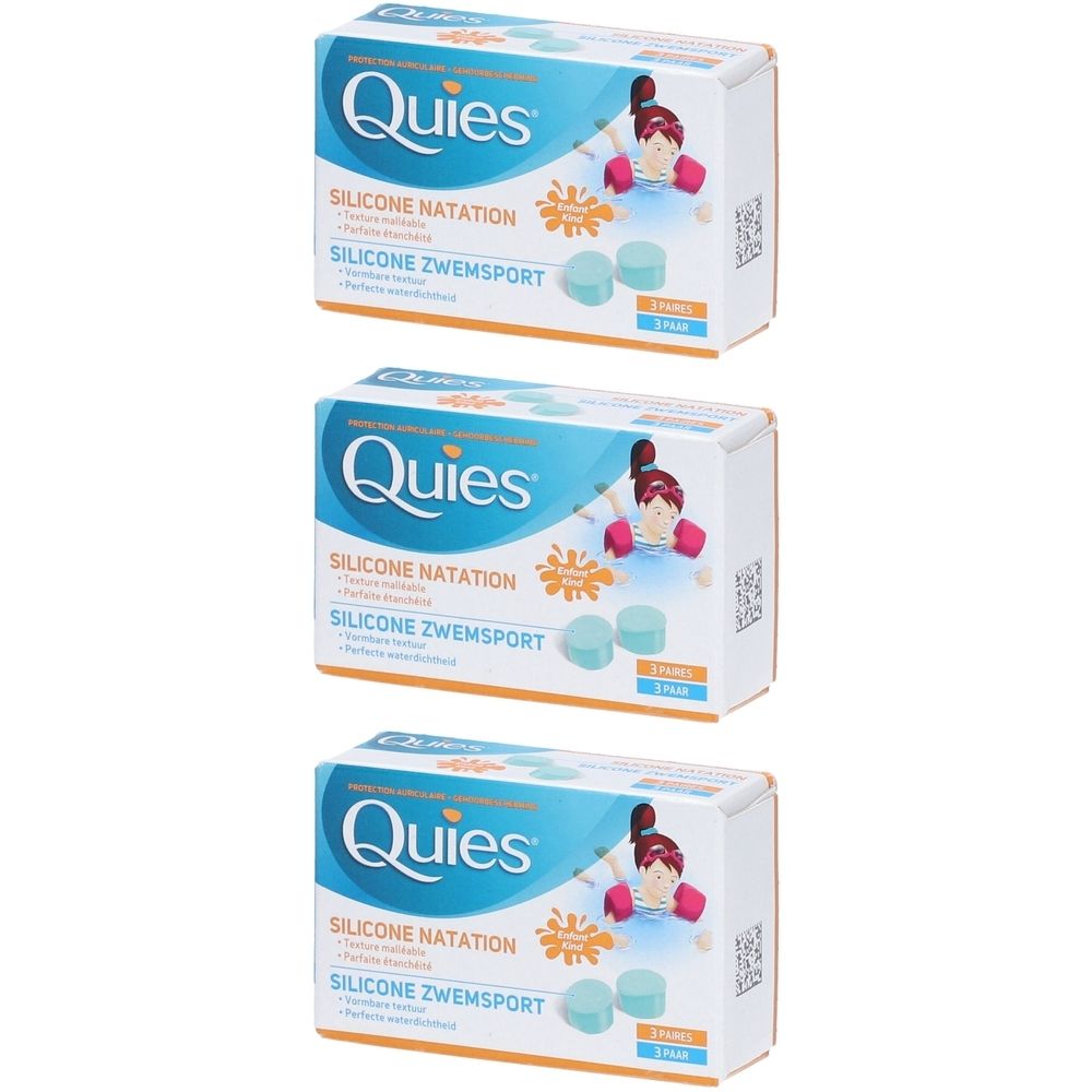 Drei Schachteln mit dem Produkt "Quies Silicone Natation". Jede Schachtel zeigt eine Abbildung eines Kindes im Wasser und enthält Ohrstöpsel.