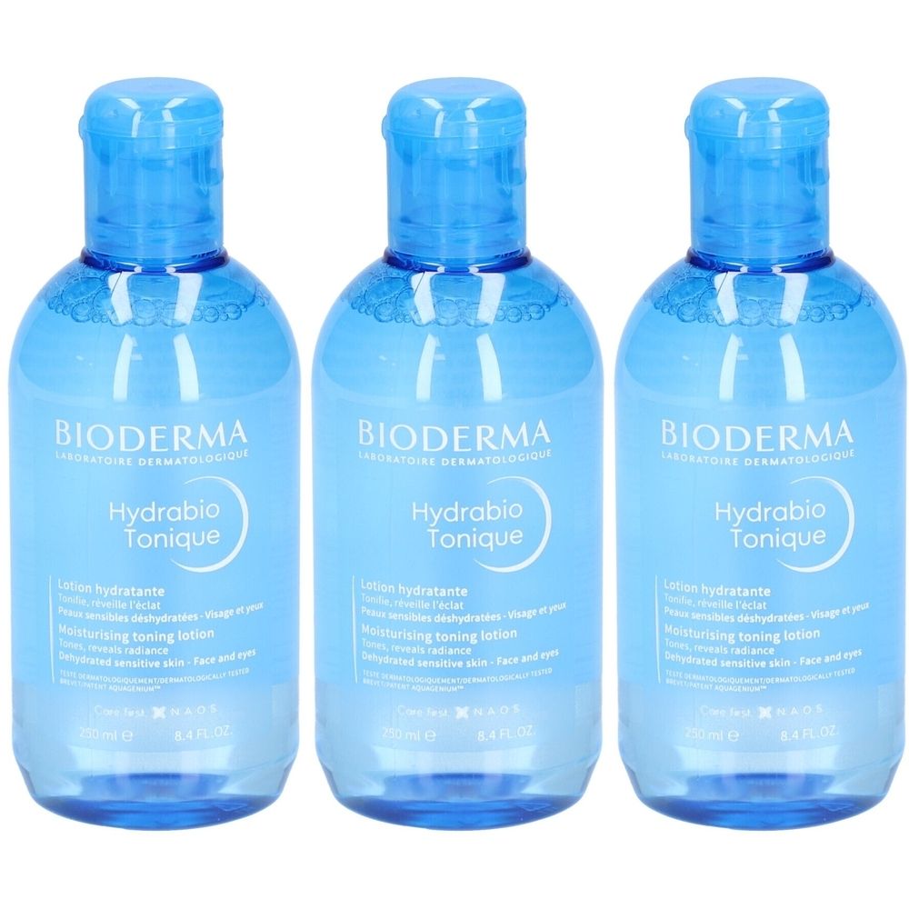 Trois flacons bleus avec bouchons bleus. Chaque flacon porte l'inscription "BIODERMA Hydrabio Tonique".