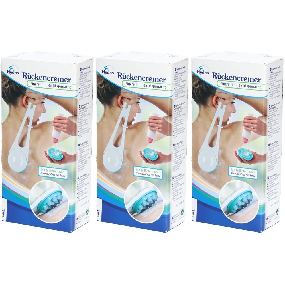 Trois boîtes de produit avec l'inscription "Rückencrémer". Chaque boîte montre une femme s'appliquant de la crème sur le dos.