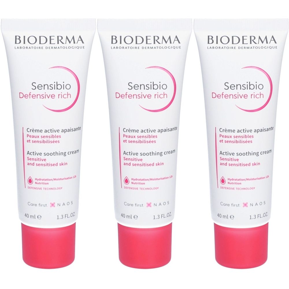 Drei Tuben BIODERMA Sensibio Defensive Rich. Weiße Tuben mit rosa Schrift und Kappe. Text: Crème active apaisante, Active soothing cream.