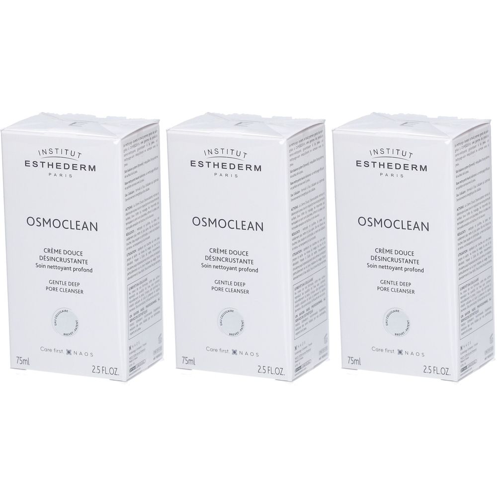 Trois boîtes blanches. Inscriptions: INSTITUT ESTHEDERM, OSMOCLEAN, Crème Douce Désincrustante, Gentle Deep Pore Cleanser. 75ml, 2.5 FL.OZ.
