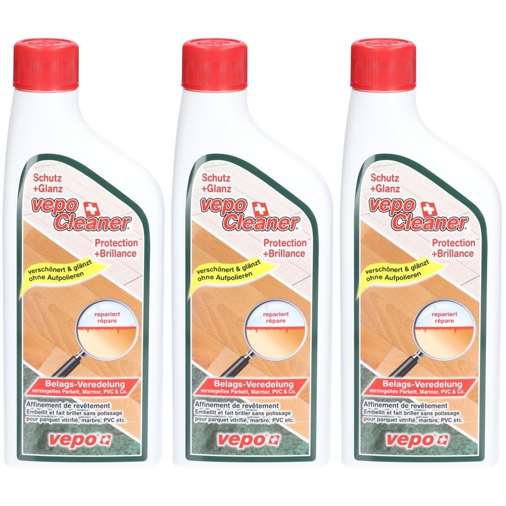 Drei weiße Flaschen mit rotem Deckel. Aufschrift: vepo Cleaner, Schutz + Glanz, Protection + Brillance. Abbildung eines Holzbodens mit Lupe.