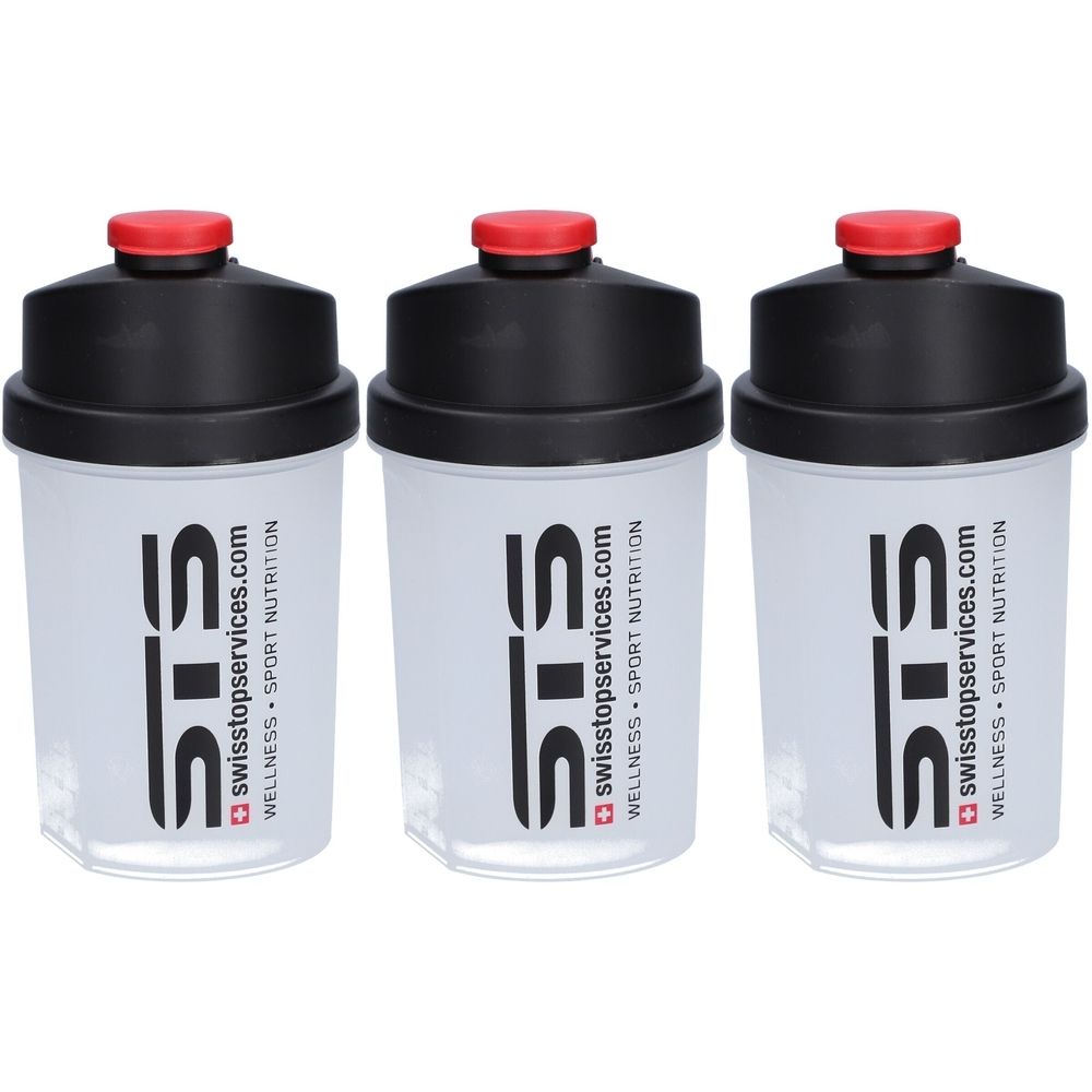 Drei Shaker mit schwarzem Deckel und rotem Verschluss. Aufschrift: STS swisstopservices.com WELLNESS SPORT NUTRITION.