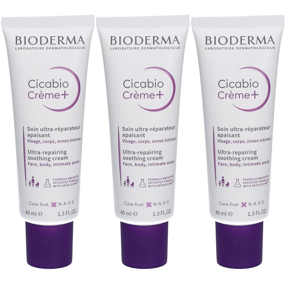 Drei Tuben Bioderma Cicabio Crème+. Weiße Tuben mit lila Akzenten. Text: Ultra-repairing soothing cream. 40 ml.