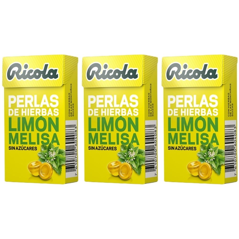 Trois boîtes jaunes "Ricola". Inscription: "PERLAS DE HIERBAS LIMON MELISA SIN AZÚCARES". Image d'herbes et de bonbons.
