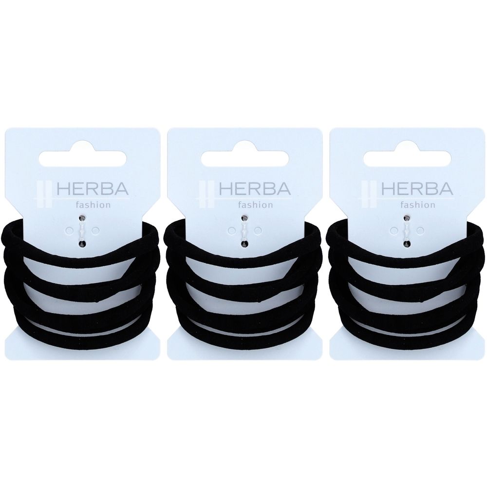 Trois élastiques noirs avec des cartes blanches. Les cartes portent la mention "HERBA fashion".
