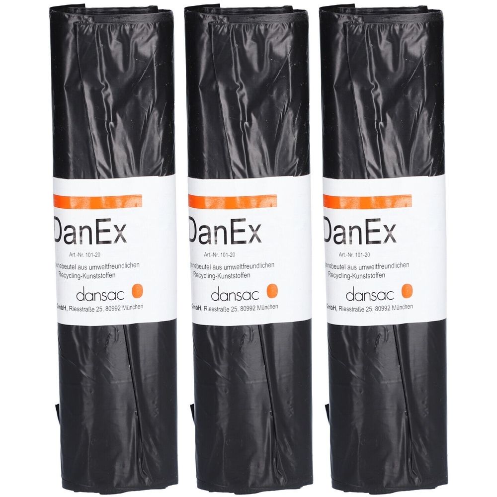 Trois sacs poubelles noirs avec une étiquette blanche. L'étiquette indique "DanEx" et d'autres informations. Logo orange.