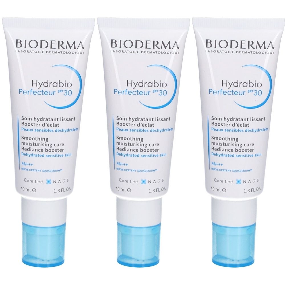 Drei Tuben BIODERMA Hydrabio Perfecteur SPF 30. Weiße Tuben mit blauem Deckel. Text: Soin hydratant lissant, Booster d'éclat.