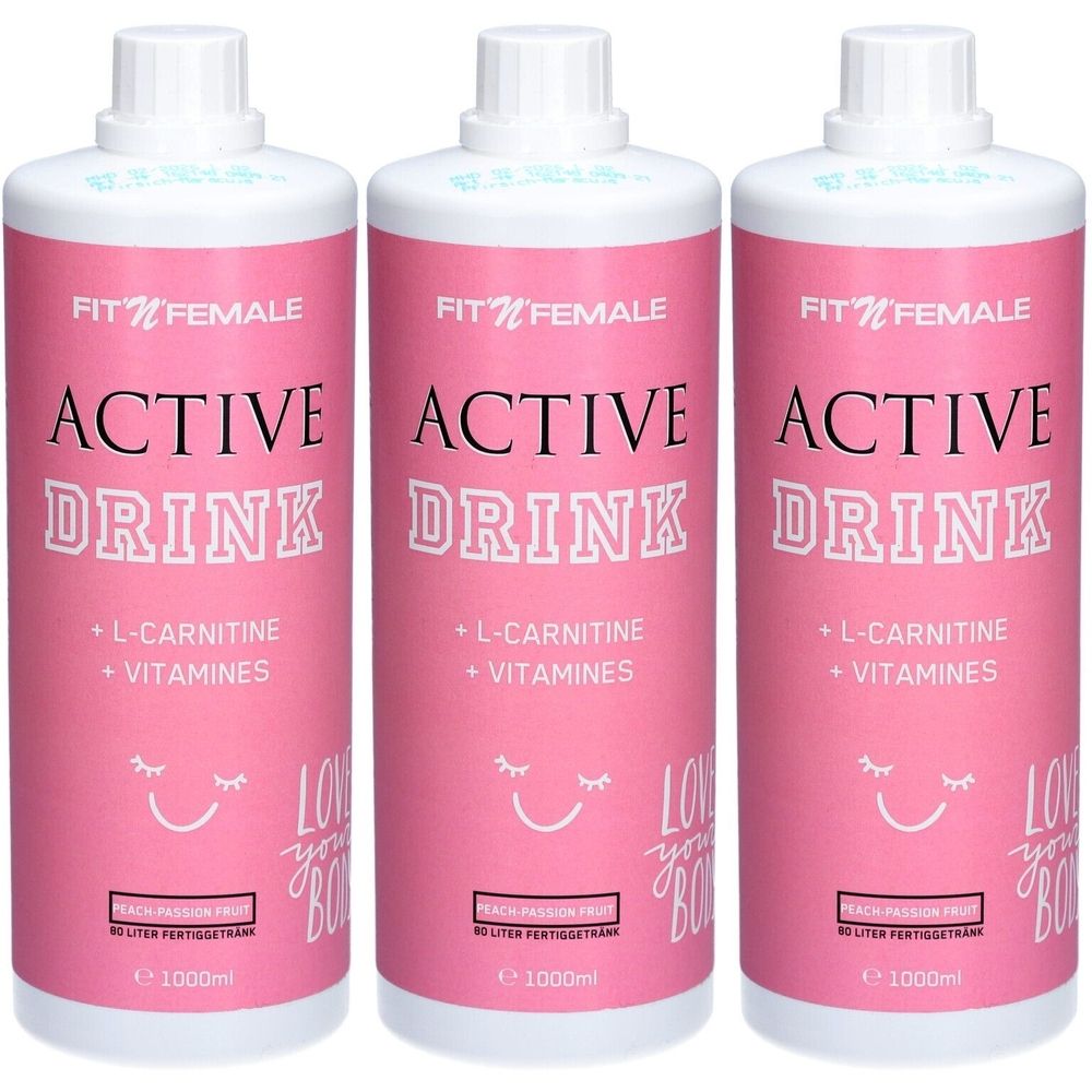 Trois bouteilles de FIT'N FEMALE Active Drink. Étiquette rose avec texte, ingrédients et volume. Bouchons blancs.