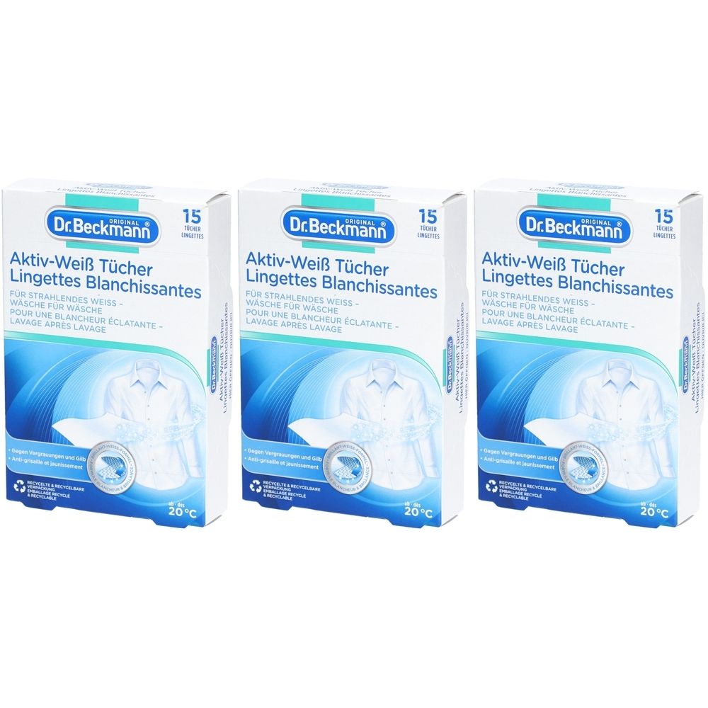 Drei Kartons mit "Aktiv-Weiß Tücher" von Dr. Beckmann. Weiße Verpackung mit blauer Grafik und Text. Jede Packung enthält 15 Tücher.
