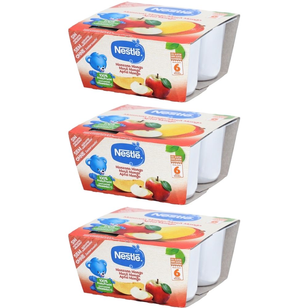 Trois emballages de desserts Nestlé. Chaque emballage contient 6 coupelles. Inscription : Pomme Mangue dès 6 mois. Logo et ours.