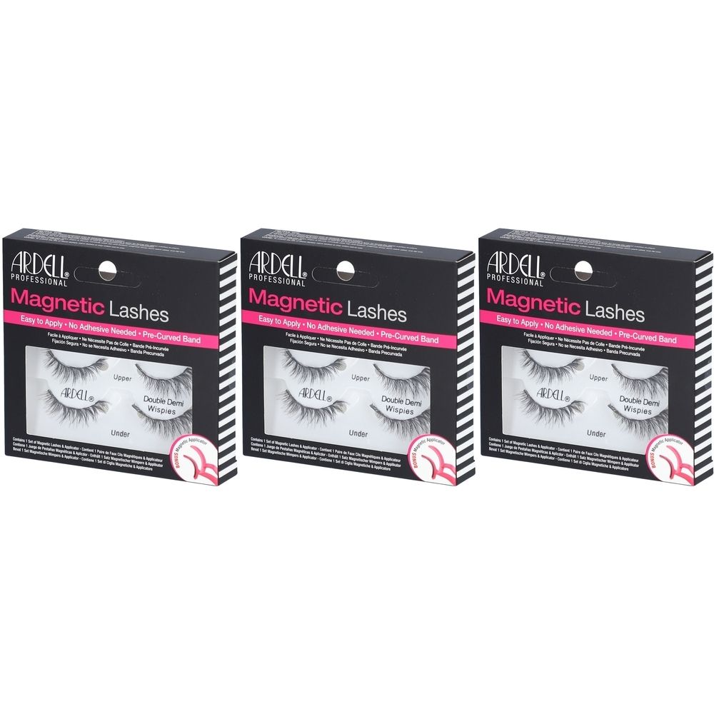 Trois boîtes de faux cils. Emballage noir avec texte blanc et accents roses. Marque : Ardell.