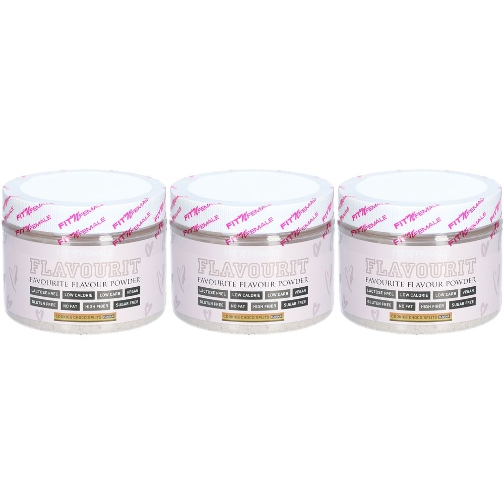 Drei runde Behälter mit weißem Deckel. Aufschrift: FLAVOURIT, FAVORITE FLAVOUR POWDER. Rosa Etikett mit weißen Herzen.