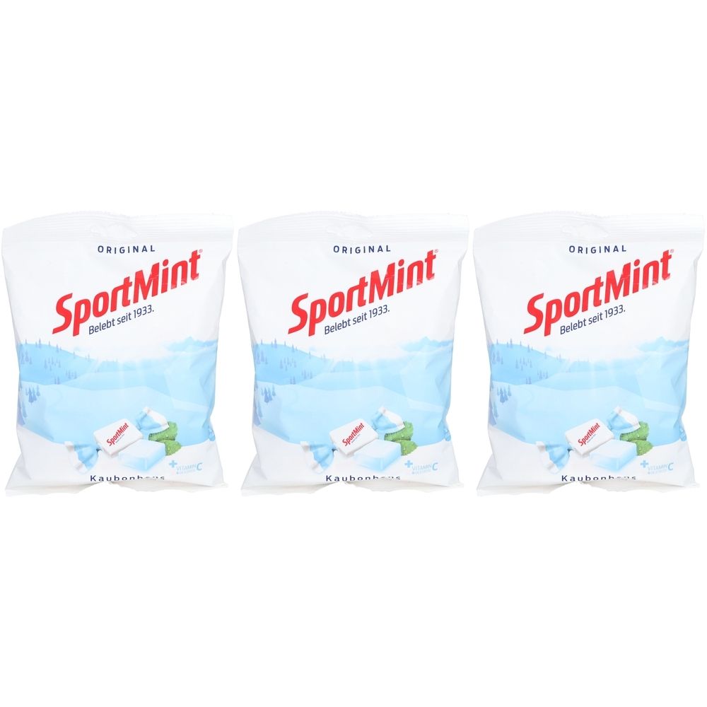 Trois sachets de bonbons "SportMint". Emballage blanc avec logo rouge et fond bleu. "Belebt seit 1933" est également visible.