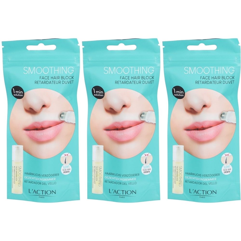 Trois sachets de produit. Inscription : SMOOTHING FACE HAIR BLOCK RETARDATEUR DUVET. En dessous, une image d'un visage. En dessous, une bouteille.