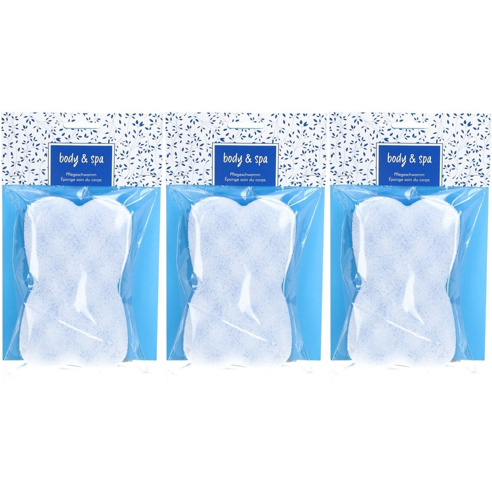 Drei Zweiphasen-Schwämme in Folienverpackung. Jeder Schwamm hat eine taillierte Form. Auf der Verpackung steht "body & spa".