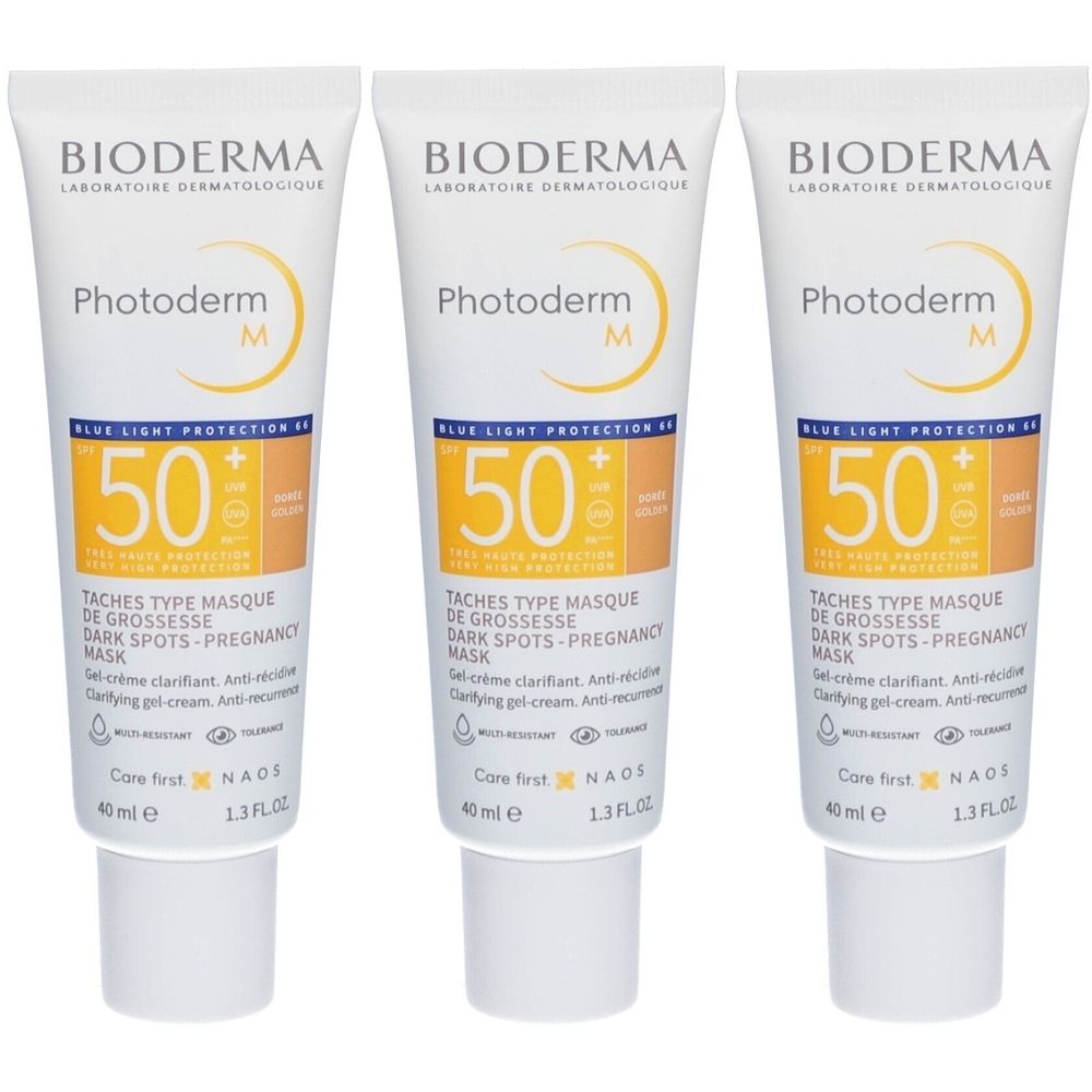 Drei Tuben BIODERMA Photoderm M. Weiße Tuben mit gelbem Aufdruck. Aufschrift: 50 SPF, Dark Spots-Pregnancy Mask. 40 ml.