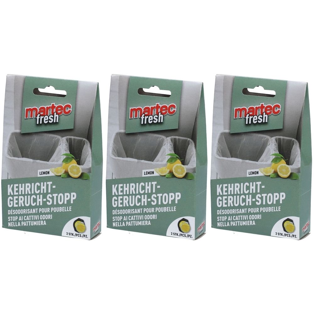 Drei Packungen MARTEC Kehricht Geruch Stopp. Jede Packung zeigt einen Behälter mit Zitronen. Text: Kehricht-Geruch-Stopp, Desodorisant pour poubelle.