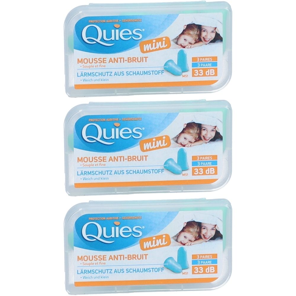 Drei Packungen QUIES mini Ohrstöpsel aus Schaumstoff. Jede Packung enthält 3 Paar und hat eine Lärmreduzierung von 33 dB.
