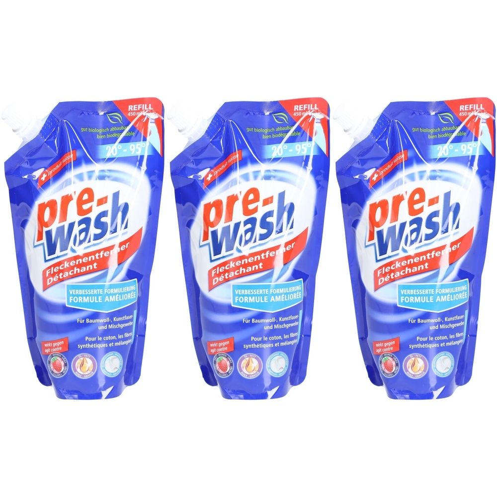Trois recharges bleues "pre-wash". Texte en allemand et français. Contient un détachant.