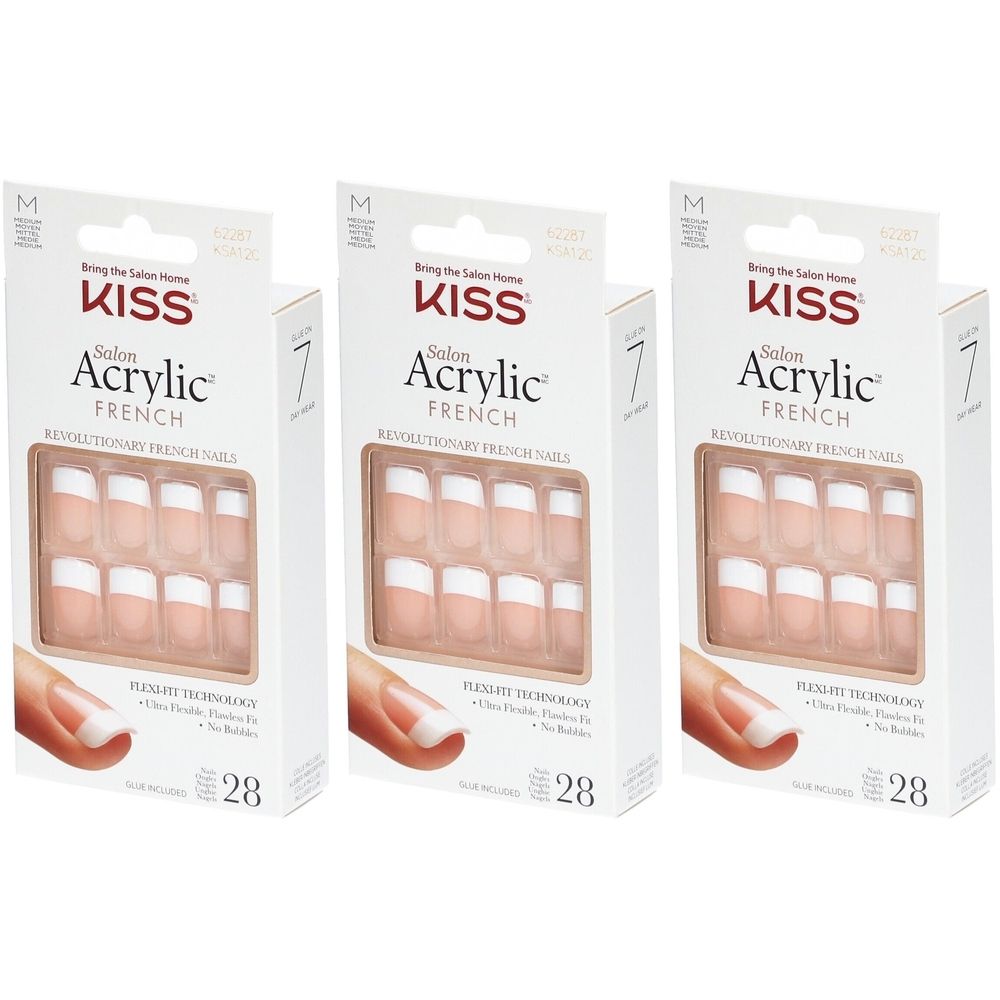 Drei Packungen mit künstlichen Nägeln. Auf jeder Packung steht "KISS Acrylic French". Die Nägel sind rosa mit weißen Spitzen.