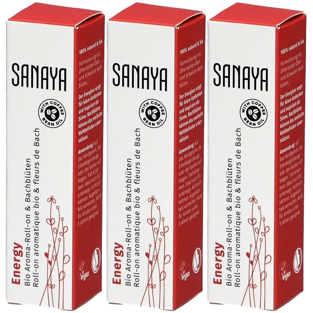 Trois boîtes rectangulaires. Inscription: SANAYA, Energy, Bio Aroma-Roll-on & Bachblüten. Avec huile de grains de café. Vegan.