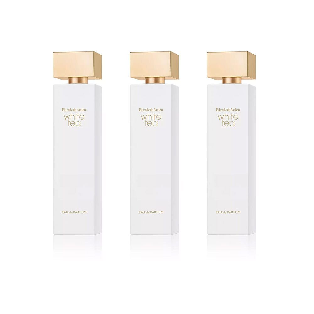 Drei weiße Flakons mit goldenen Deckeln. Aufschrift: White Tea Eau de Parfum. Marke: Elizabeth Arden.