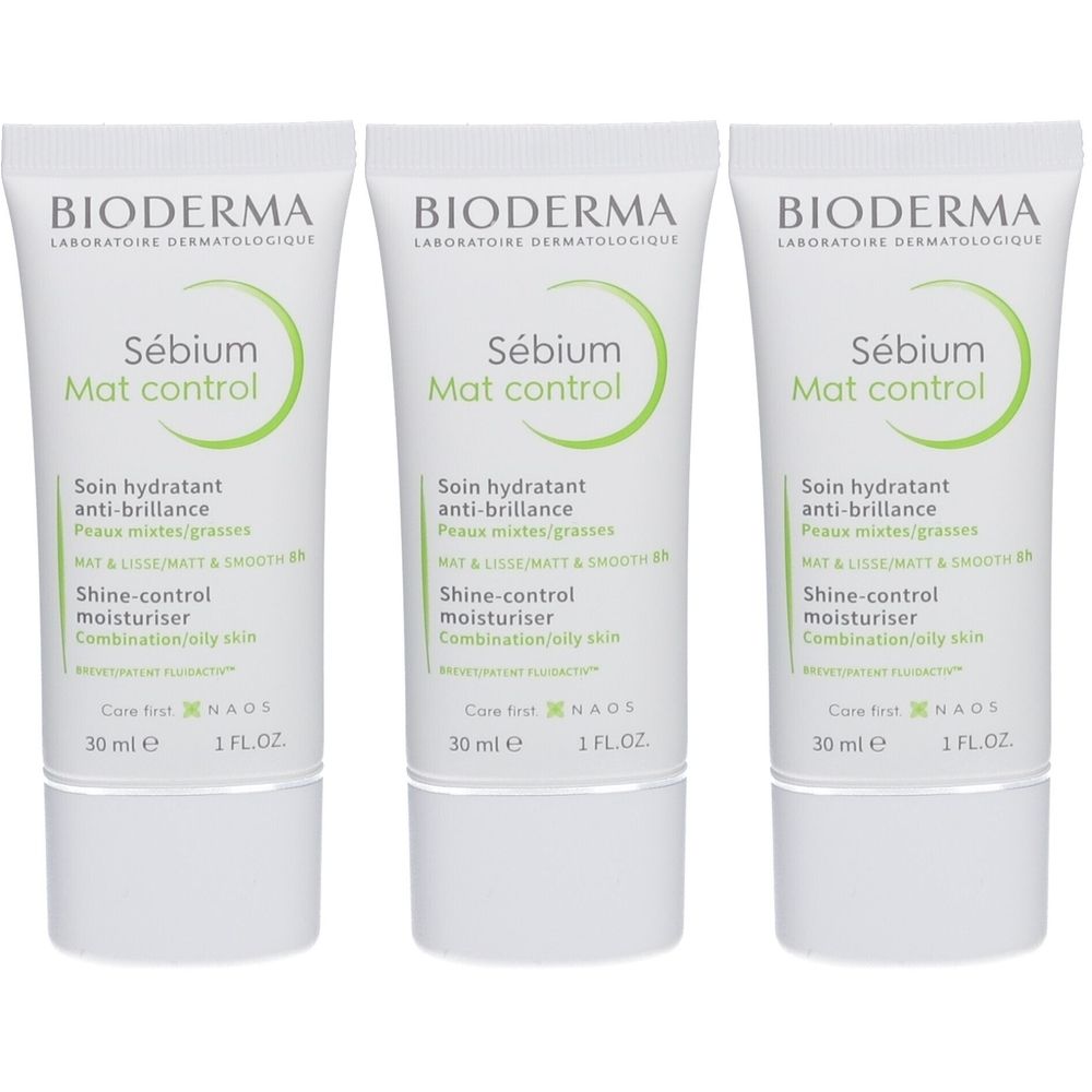 Trois tubes de BIODERMA Sébium Mat Control. Tubes blancs avec texte vert et cercle vert. Texte : Shine-control moisturiser.