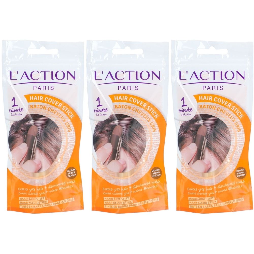 Trois paquets de bâtons de coloration capillaire. Chaque paquet affiche le produit et le texte "L'ACTION PARIS". Inscription : "HAIR COVER STICK".