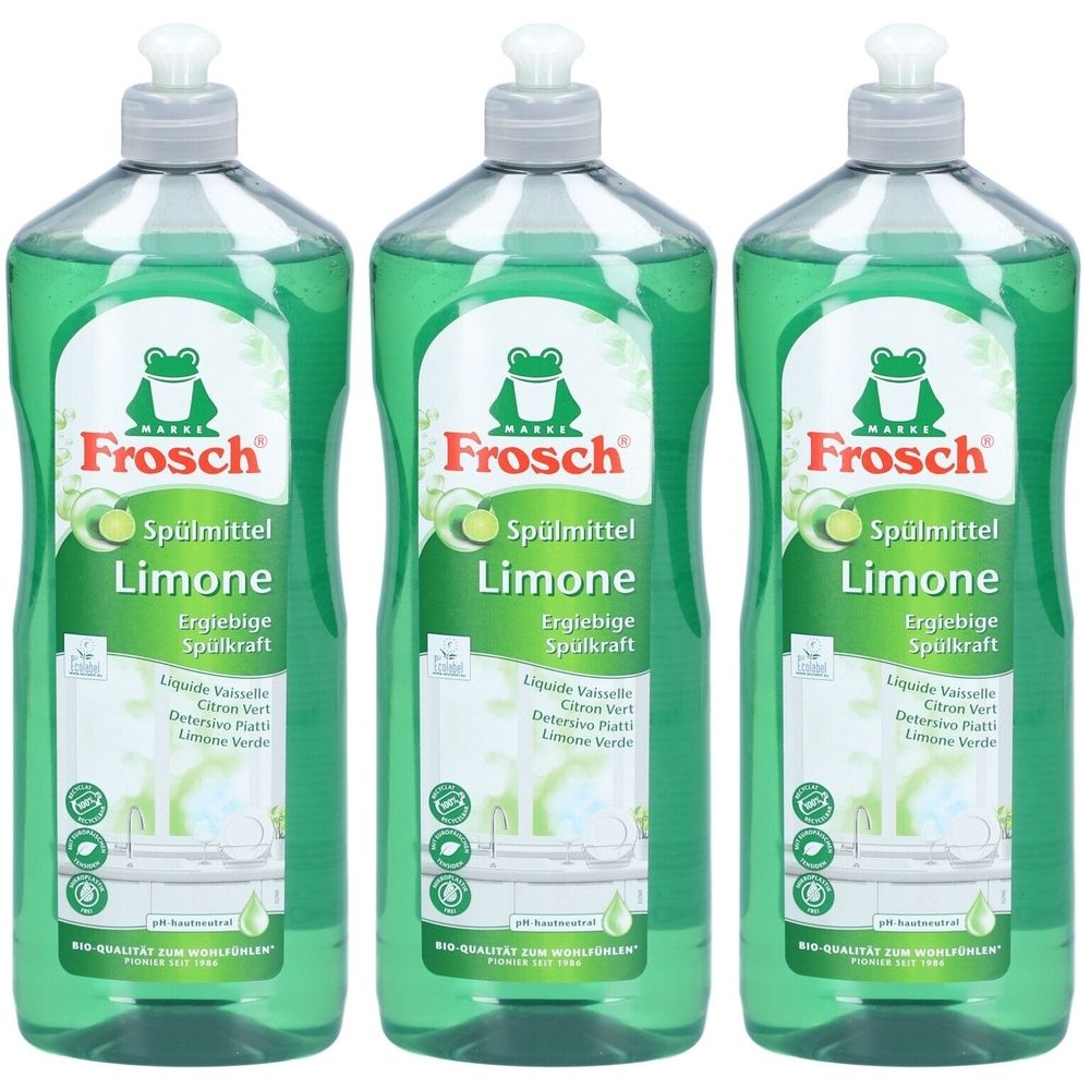 Trois bouteilles de liquide vaisselle vert avec le logo Frosch. Inscription : Spülmittel Limone.