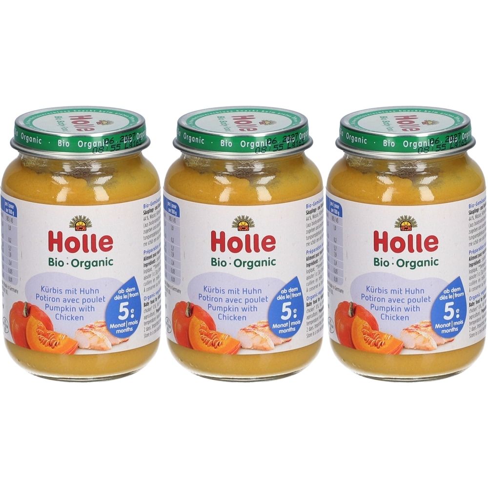 Drei Gläser Babynahrung mit Kürbis und Huhn. Aufschrift: Holle Bio-Organic. Geeignet ab 5 Monaten.
