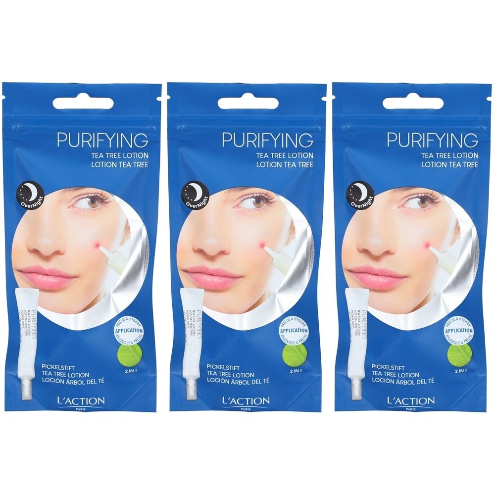 Trois sachets bleus avec image produit. Inscription : Purifying Tea Tree Lotion. En dessous, Pickelstift. Marque L'ACTION. Image d'un visage.