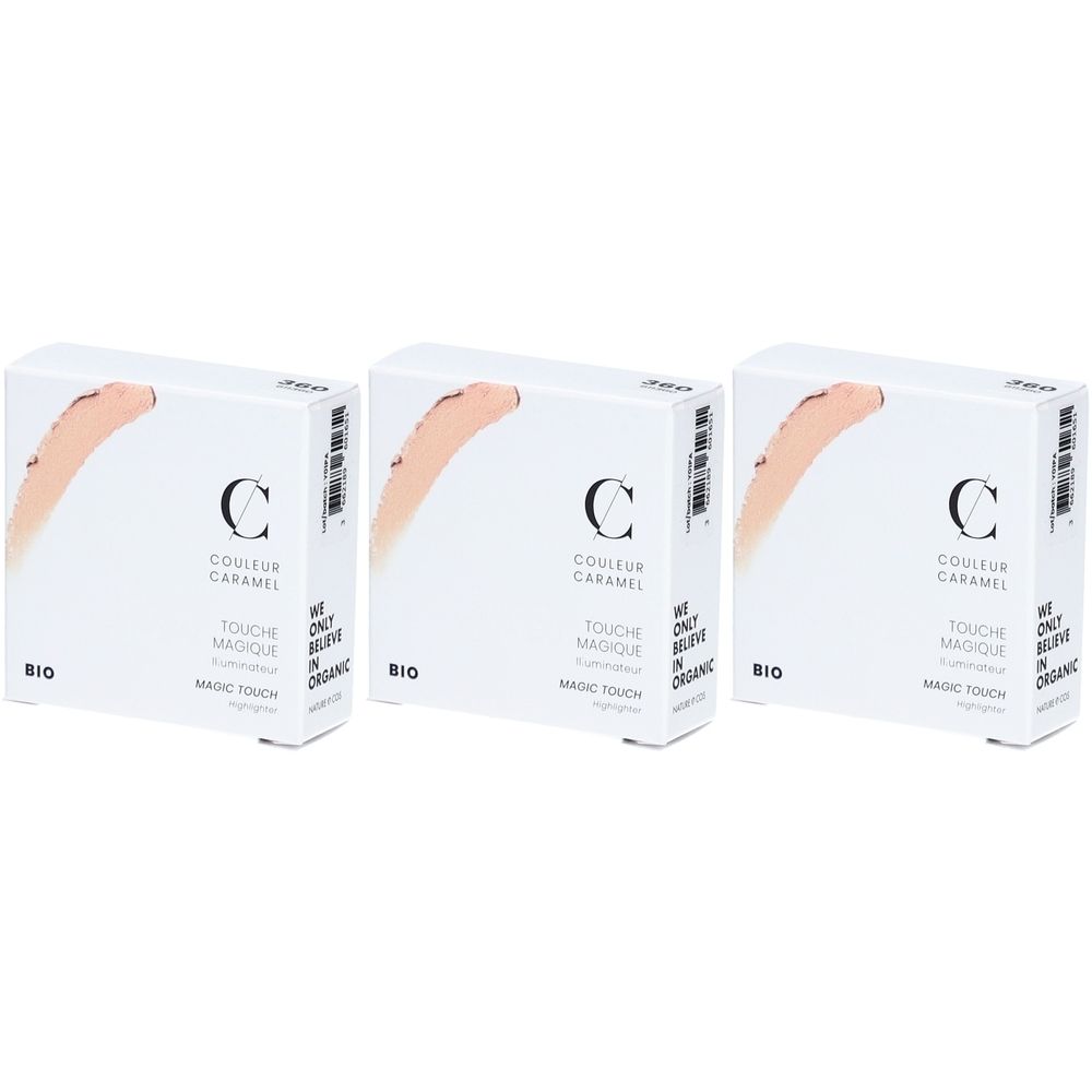 Trois boîtes blanches avec impression. Chaque boîte a une tache de couleur et le texte: COULEUR CARAMEL, TOUCHE MAGIQUE, BIO.