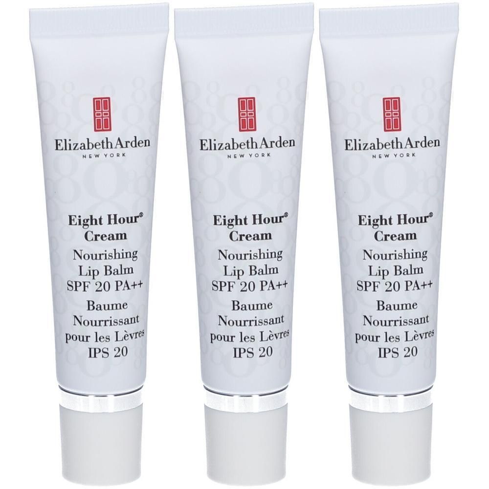 Trois tubes de baume à lèvres. Blancs, avec inscription Elizabeth Arden, Eight Hour Cream, Nourishing Lip Balm, SPF 20 PA++. Bouchon argenté.